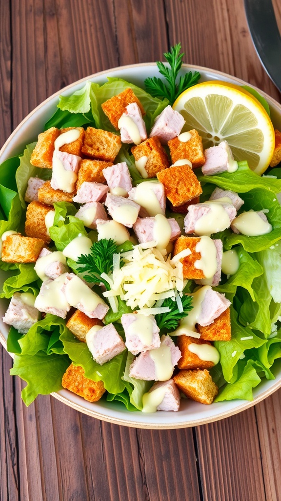 A bowl of Tuna Caesar Salad with romaine lettuce, tuna, croutons, and Parmesan cheese on a wooden table.